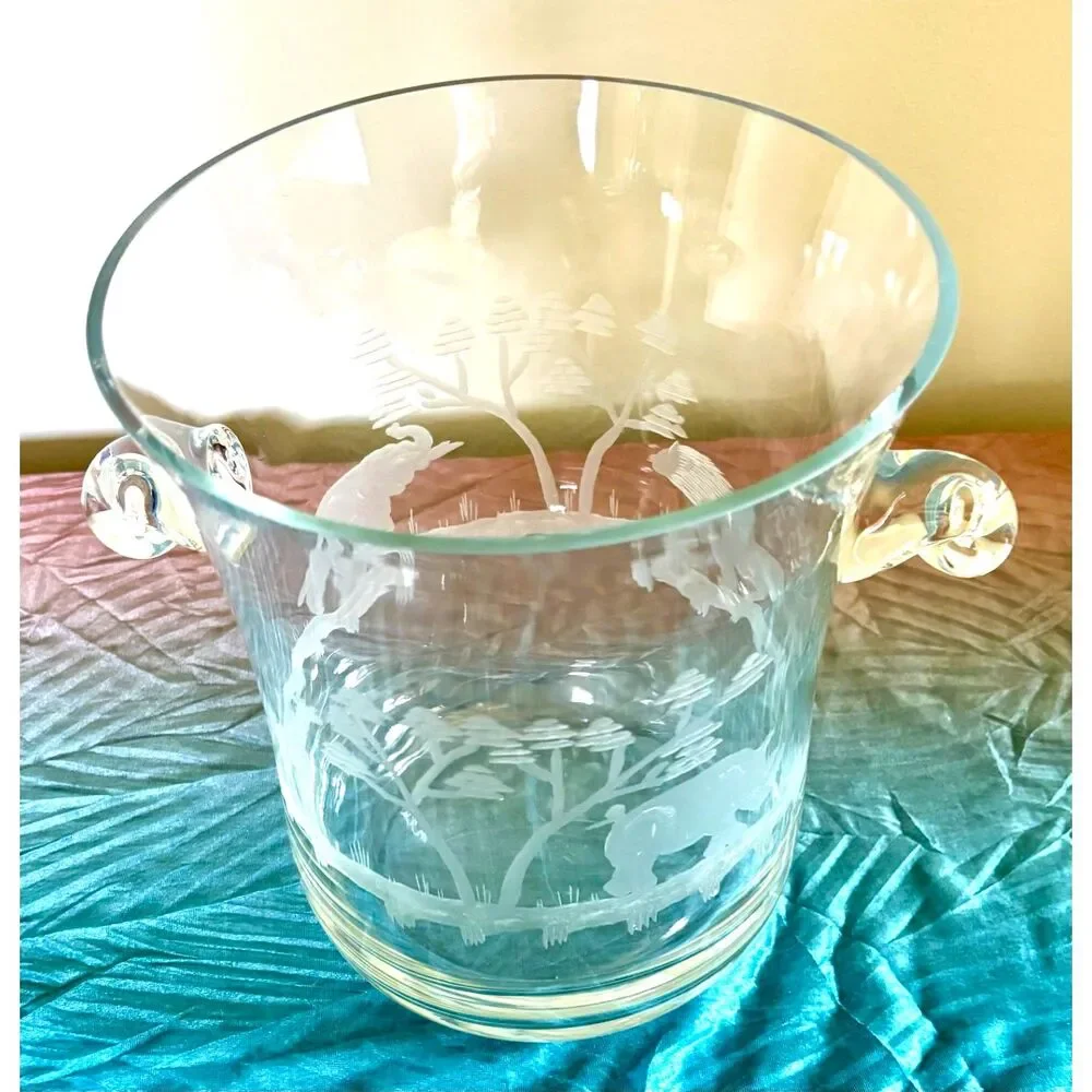 Vintage Etched Safari Glass Ice Bucket Jungle Wildlife Champagne Chiller